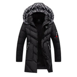 Men's black insulated waterproof parka with fur-lined hood, featuring long sleeves and a stylish collar.