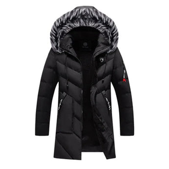 Men's black insulated waterproof parka with fur-lined hood, featuring long sleeves and a stylish collar.