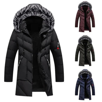 Men's insulated waterproof parka with fur-lined hood in black, featuring long sleeves and designed for winter wear.
