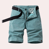 Men's light blue khaki herringbone summer shorts made of breathable cotton with a casual fit, shown against a neutral background.