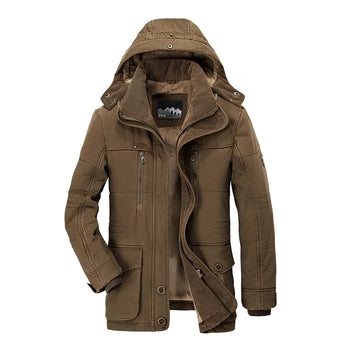 Men's khaki hooded winter parka in brown, military style, featuring multiple pockets and an insulated design, highlighted by a collar and long sleeves.