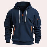 Men's marine blue tactical hoodie in XL, featuring reinforced elbows, zipper pockets, long sleeves, and a stand collar, designed for sportswear and outdoor activities.