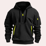 Men's black tactical hoodie featuring zipper pockets, reinforced elbows, and a collar, in an XL size.