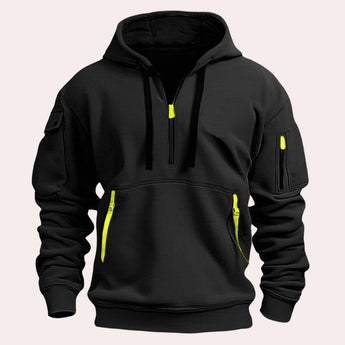 Men's black tactical hoodie featuring zipper pockets, reinforced elbows, and a collar, in an XL size.
