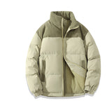 Men's green insulated puffer jacket with a water-resistant design and stylish appearance, featuring long sleeves and a high collar.