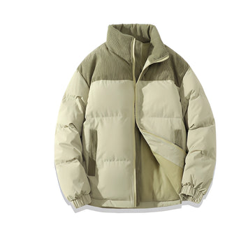 Men's green insulated puffer jacket with a water-resistant design and stylish appearance, featuring long sleeves and a high collar.