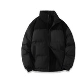 Men's black insulated puffer jacket in size 4XL with a water-resistant finish, featuring a stylish design with a high collar and long sleeves, shown against a vibrant electric blue background.