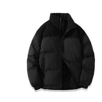 Men's black insulated puffer jacket in size 4XL with a water-resistant finish, featuring a stylish design with a high collar and long sleeves, shown against a vibrant electric blue background.