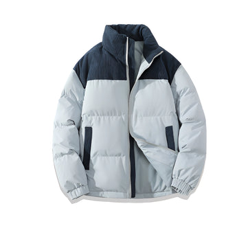 Men's light blue insulated puffer jacket featuring water-resistant material, stylish design with long sleeves, and a high collar, shown in size 4XL.