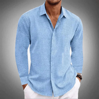 Men's light blue linen shirt featuring a classic collar, long sleeves, and a breathable fabric, shown in size 2XL.