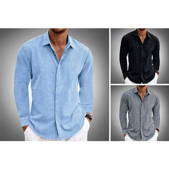 Men's light blue linen shirt with long sleeves, a classic collar, and a breathable fabric design, suitable for casual wear.