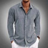 Men's gray linen shirt in 2XL size displayed on a hanger, featuring a classic collar, long sleeves, and a versatile design suitable for casual wear.