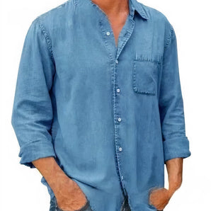 Men's light blue denim long sleeve casual shirt in a relaxed fit, size 5XL, showcasing details of the shoulder, sleeve, and neck areas.