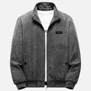 Men's light gray denim jacket with a zipper front, featuring long sleeves, a classic collar, front pockets, and button details, made from natural materials, in size 5XL.