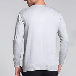 Men's light grey crew neck sweater with ribbed texture, perfect for winter wear.