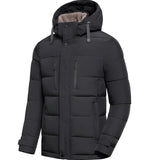Men's light grey insulated puffer jacket featuring an adjustable hood, long sleeves, and pockets, displayed in the black color variant, size 2XL.
