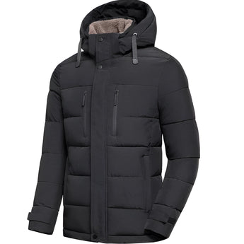 Men's light grey insulated puffer jacket featuring an adjustable hood, long sleeves, and pockets, displayed in the black color variant, size 2XL.