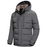 Men's dark grey insulated puffer jacket with a sleek design, featuring an adjustable hood, long sleeves, and side pockets, made from natural materials.