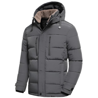 Men's dark grey insulated puffer jacket with a sleek design, featuring an adjustable hood, long sleeves, and side pockets, made from natural materials.