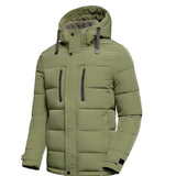 Men's green insulated puffer jacket with adjustable hood in size 2XL, featuring long sleeves and a high collar.