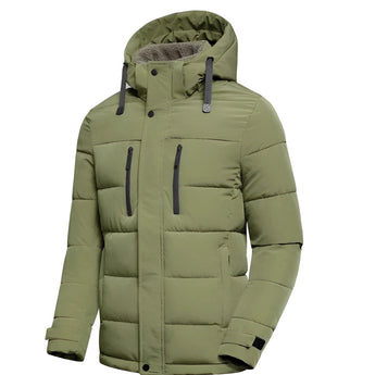 Men's green insulated puffer jacket with adjustable hood in size 2XL, featuring long sleeves and a high collar.