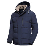 Men's marine blue insulated puffer jacket featuring a light grey adjustable hood, long sleeves, and a high collar.