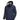 Men's marine blue insulated puffer jacket featuring a light grey adjustable hood, long sleeves, and a high collar.