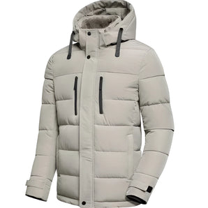 Men's light grey insulated puffer jacket with adjustable hood, featuring long sleeves, a high collar, and front pockets.