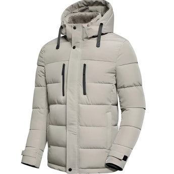 Men's light grey insulated puffer jacket with adjustable hood, featuring long sleeves, a high collar, and front pockets.