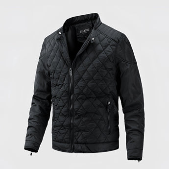 Men's lightweight black quilted jacket with a stylish motorcycle design, featuring a collar and buttoned front, available in Nero color and 5XL size. The outerwear displays a sleek and insulated finish for warmth and comfort.