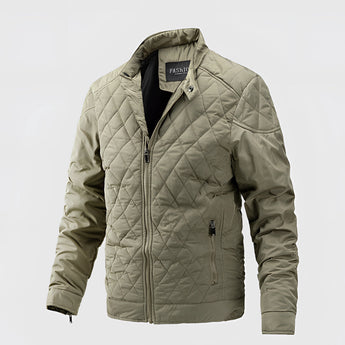 Men's lightweight black quilted jacket with an insulated motorcycle style, featuring a collar and long sleeves, made from natural materials.