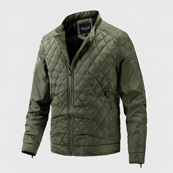 Men's green lightweight quilted jacket in a motorcycle style, featuring long sleeves, a collar, and button details, available in size 5XL.