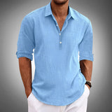 Men's lightweight blue linen shirt in size 3XL featuring a casual design suitable for summer wear, showcasing short sleeves and a comfortable fit on the torso.