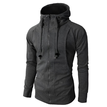 Men's lightweight dark gray zipper hoodie jacket with slim fit design, featuring long sleeves and a high collar.