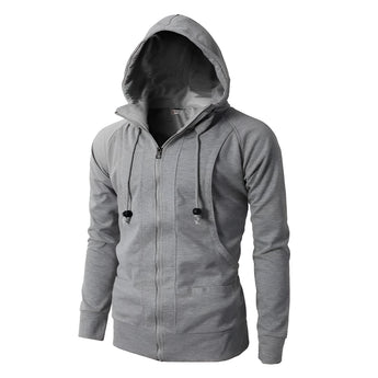 Men's lightweight gray zipper hoodie with a slim fit design, featuring long sleeves, a hood, and front pockets, size 3XL.