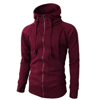 Men's lightweight red zipper hoodie in a slim fit design, featuring long sleeves and a collar, suitable for casual fashion.