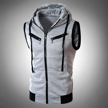Men's lightweight grey sleeveless hoodie vest featuring a zipper closure and pockets, shown in a light gray color, size 3XL.