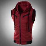 Men's lightweight sleeveless zipper hoodie vest in grey with pockets, shown in a red color variant, size 3XL.
