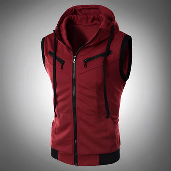 Men's lightweight sleeveless zipper hoodie vest in grey with pockets, shown in a red color variant, size 3XL.