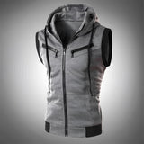 Men's lightweight dark gray sleeveless hoodie vest with zipper and pockets, featuring a simple design and collar, available in size 3XL.