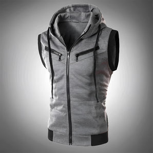 Men's lightweight dark gray sleeveless hoodie vest with zipper and pockets, featuring a simple design and collar, available in size 3XL.