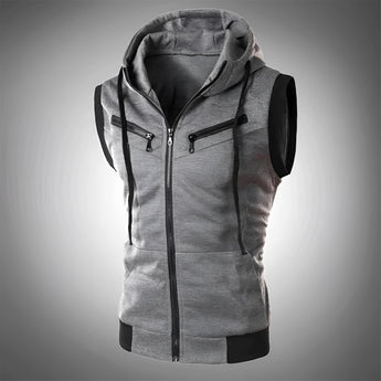 Men's lightweight dark gray sleeveless hoodie vest with zipper and pockets, featuring a simple design and collar, available in size 3XL.