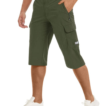 Men's light green 3XL lightweight khaki multi-pocket cargo shorts for summer, shown on a model highlighting the shorts' fit around the legs and knees.