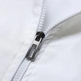 Men's lightweight white jacket featuring a striped collar and a front zipper.