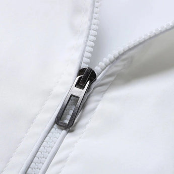 Men's lightweight white jacket featuring a striped collar and a front zipper.