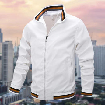Men's lightweight white jacket featuring a striped collar and zipper, shown in the Wit colorway and 2XL size, with visible shoulder and sleeve details against a cloudy sky background.