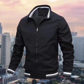 Men's lightweight white jacket with a striped collar and zipper, styled in black, size 2XL, featuring long sleeves and a comfortable fit.
