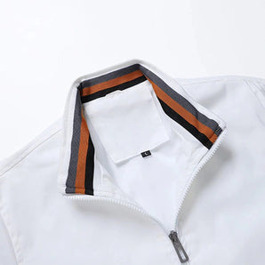 Men's lightweight white jacket featuring a striped collar and zipper, with long sleeves and stylish design elements.