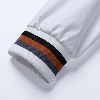 Men's lightweight white jacket featuring a striped collar and zipper, displayed lying flat on a surface.