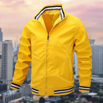 Men's lightweight yellow jacket in 2XL with a striped collar and zipper, featuring long sleeves and a comfortable fit, photographed against a cloudy sky backdrop.